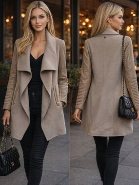 RUDSAK Taupe Draped Trench Coat with Leather Quilted Sleeve Trim.